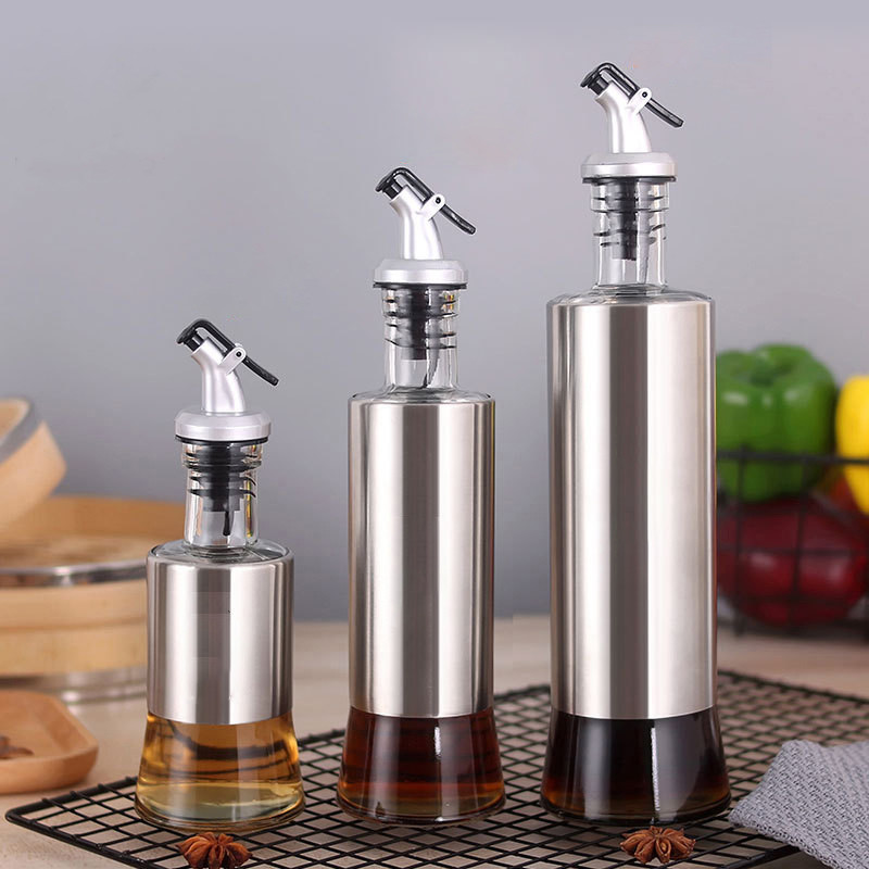 Kitchen Glass Bottle For Oil Stainless Steel Oil Bottle Leak-proof Vinegar Oil Cruet Storage Soy Sau