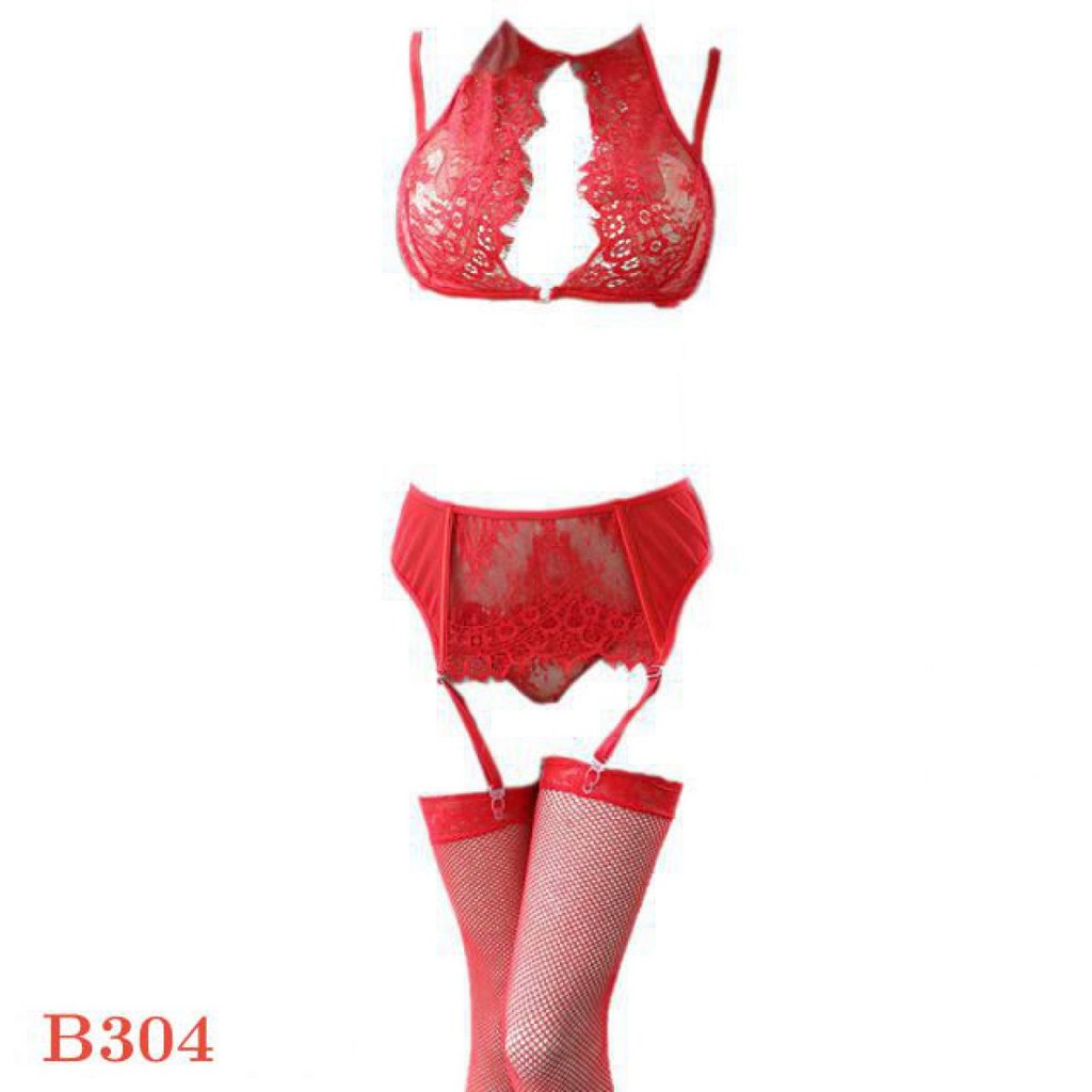 B304 - Bra Set Bralette Merah Transparan Cup Openable Celana Dalam Crotchless Garter Belt Stocking