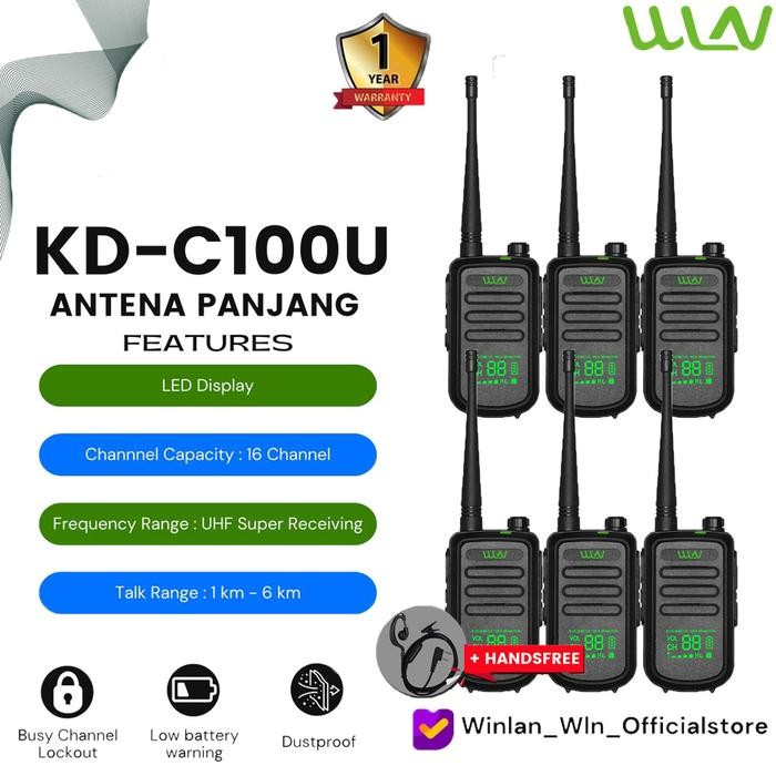 WALKIE TALKIE HT TWO-WAY RADIO WLN LAYAR LED KD - C100U ISI ( 6 PCS ) + HANDSFREE - ANTENA PANJANG