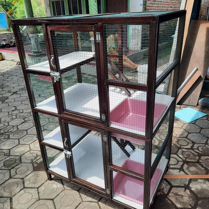 kandang kucing kayu mahoni 2 kamar + 2+ongkir
