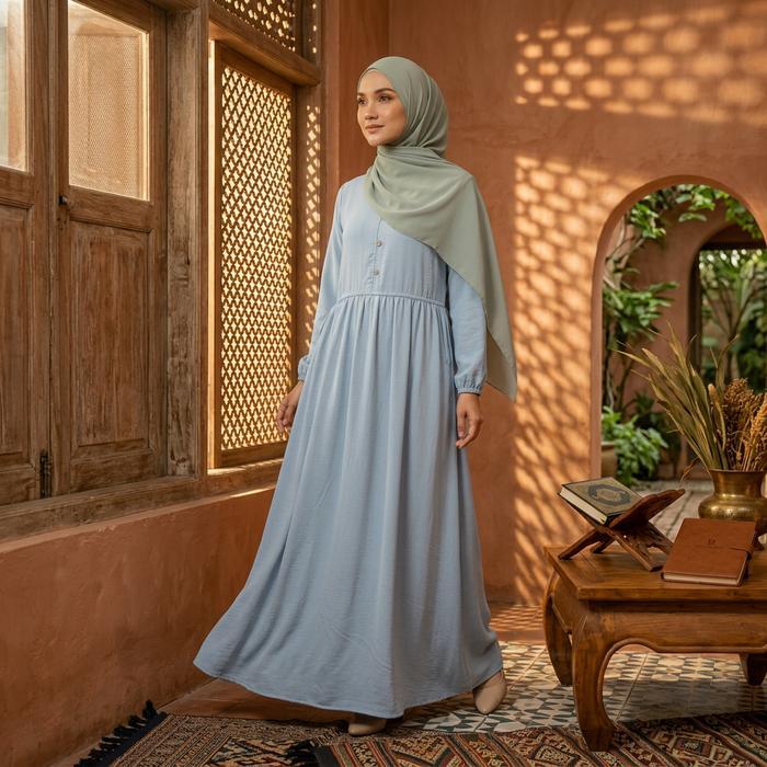 RILLEY - Gamis Wanita Solaya | Gamis Wanita Bahan Adem | Gamis Bahan Poplin - BLUE, L