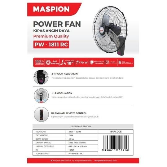 Terbagus Maspion Wall Fan + Remote 18Inch Pw1811Rc Power Fan Aluminium Bearing Terlariss 