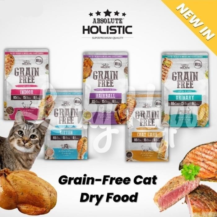 Terbaik Absolute Holistic Grain Free Kitten Adult Cat Food Dry 1.36Kg 3Lbs 100% Ori