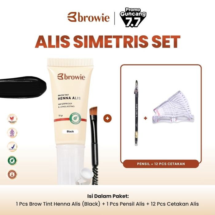 Pilihan- Black - [Bpom & Halal] Browie Brow Tint Henna Alis + Pensil Alis + Cetakan Alis Tali
