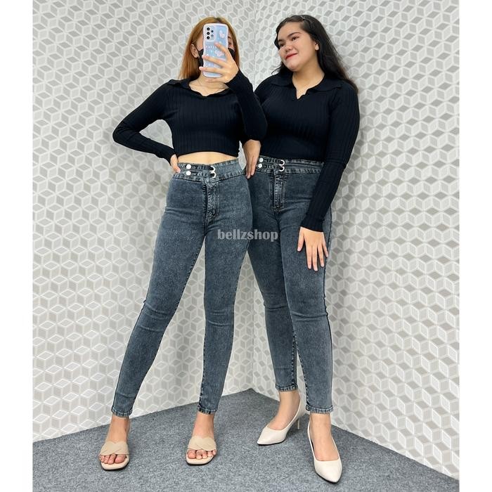9qli- Luna Celana Highwaist Jeans Skinny Stretch Wanita Snow Black Jumbo Kekinian Premium