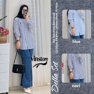 Della Setelan Wanita Kemeja Garis Jeans || Della Setelan Wanita Kemeja Lengan Panjang