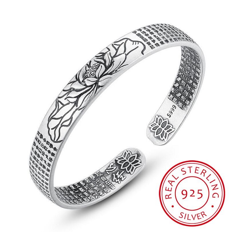 Vintage 925 Sterling Silver Amulet Buddha Lotus Baltic Buddhist Scriptures Thai Silver Cuff