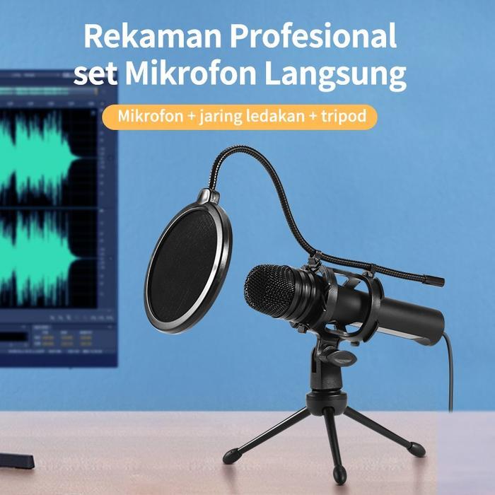 Kivee Microphone Mic Condenser Recording Streaming Pc Podcast Dengan Tr+Mic Cover Untuk Komputer Hp