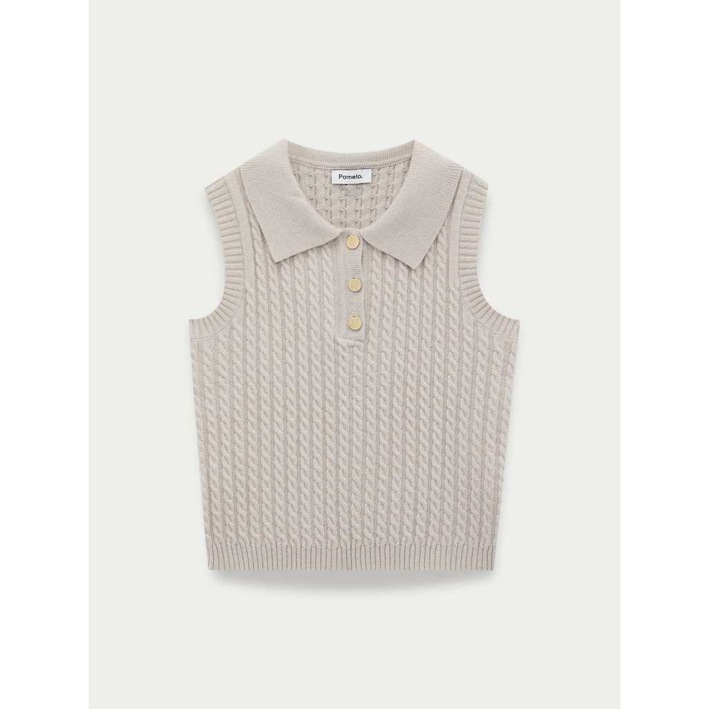 Pomelo - Top Wanita - Sleeveless Polo Collar Cable Knit Vest - Light Grey