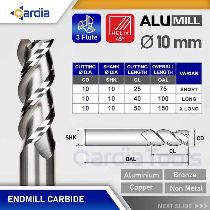 Endmill 10 mm Long 75 100 150 3 Flute Aluminium End Mill Carbide