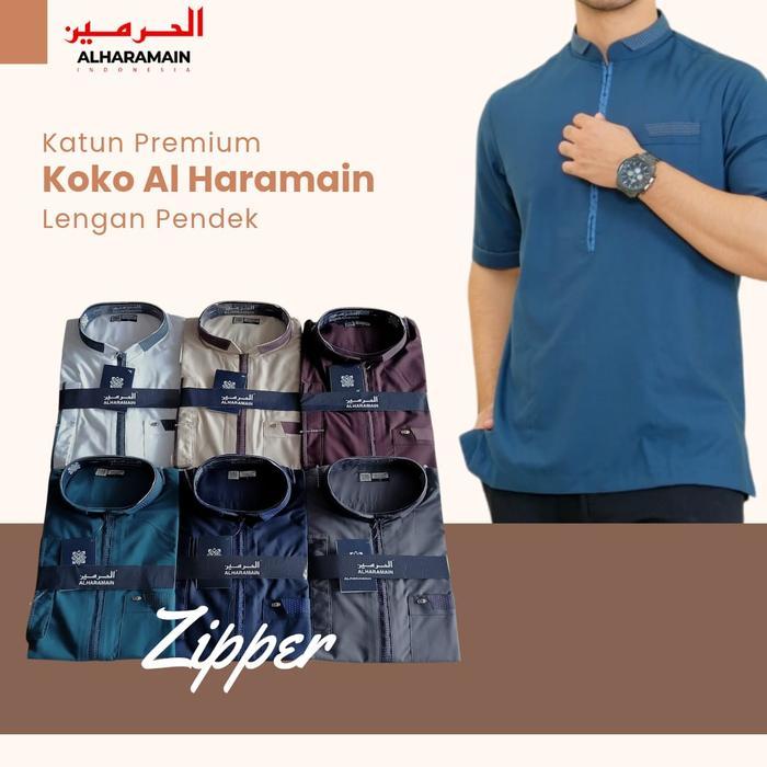 BAJU KOKO PRIA AL HARAMAIN ZIPPER RESLETING BAHAN KATUN PREMIUM LENGAN PENDEK