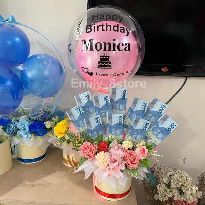 Pembuatan Buket uang balon kado Bloom Box Large Buket Bunga coklat - 10lembar+Bunga