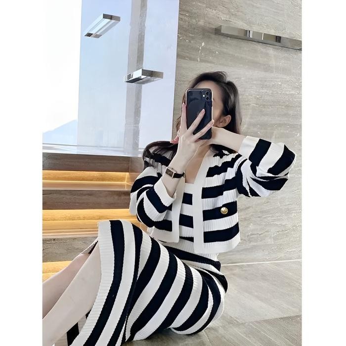 Pilihan- Fashion Fabric - Set Dress Dan Cardigan Rajut Dress Singlet Square Neck Cardigan