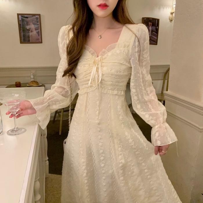 Pilihan- Dress Midi Cream Wanita Lengan Pendek Dan Lengan Panjang Kondangan Brukat Gaun Pesta