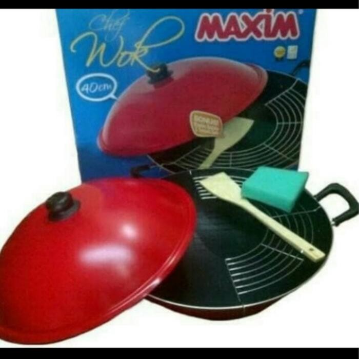 Terbaik Maxim Wok Wajan Penggorengan Teflon 40 Cm Dengan Tutup Dan Saringan 100% Ori
