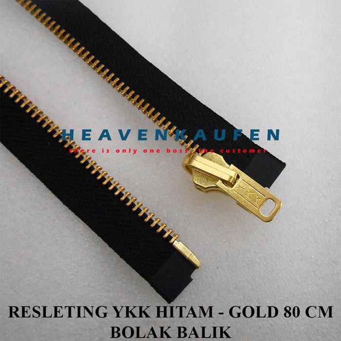 Resleting Zipper Jaket YKK 80 cm Type Gigi Besi Kain Hitam - Gold Emas Bolak Balik Harga Per Pc
