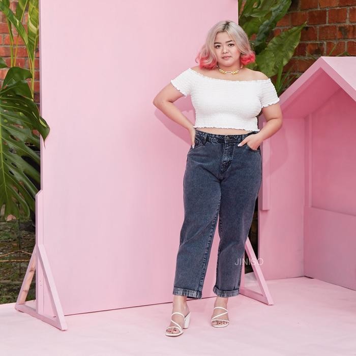 9qli- Real Curvy - Jiniso Jumbo Boyfriend Celana Jeans Wanita Warna Denim Highwaist