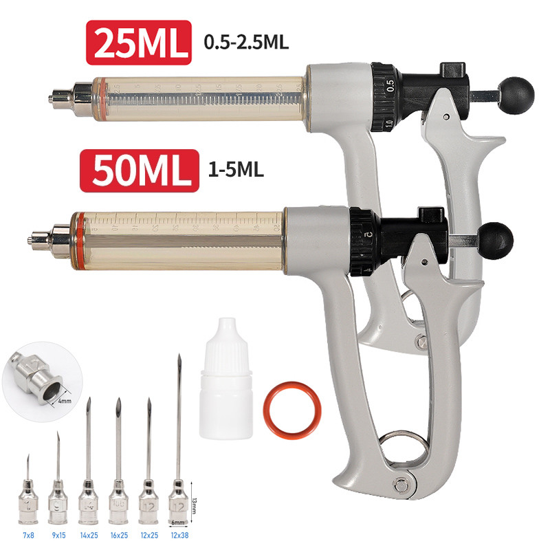 25Ml/50Ml Adjustable Continuous Syringe With Needle Injector Semi-Automatic Veterinary Syringe