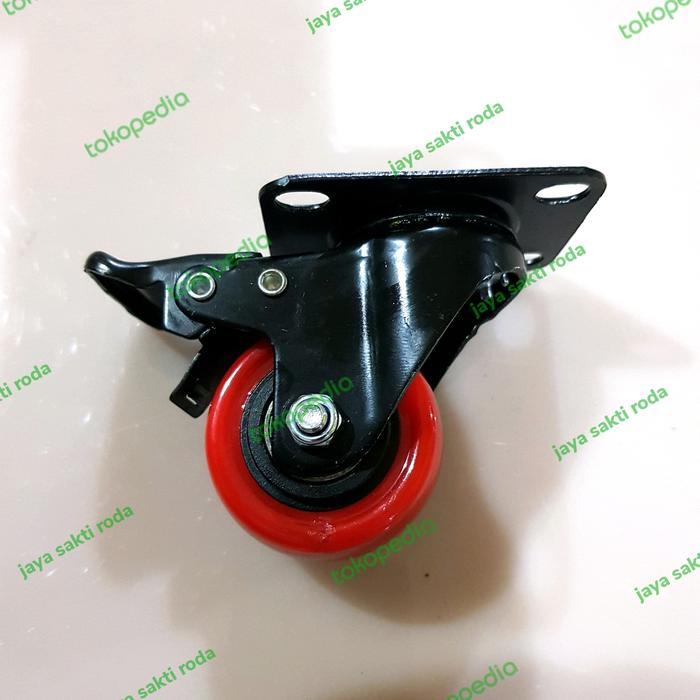 Roda 2 inch pu merah ball bearing type putar+rem