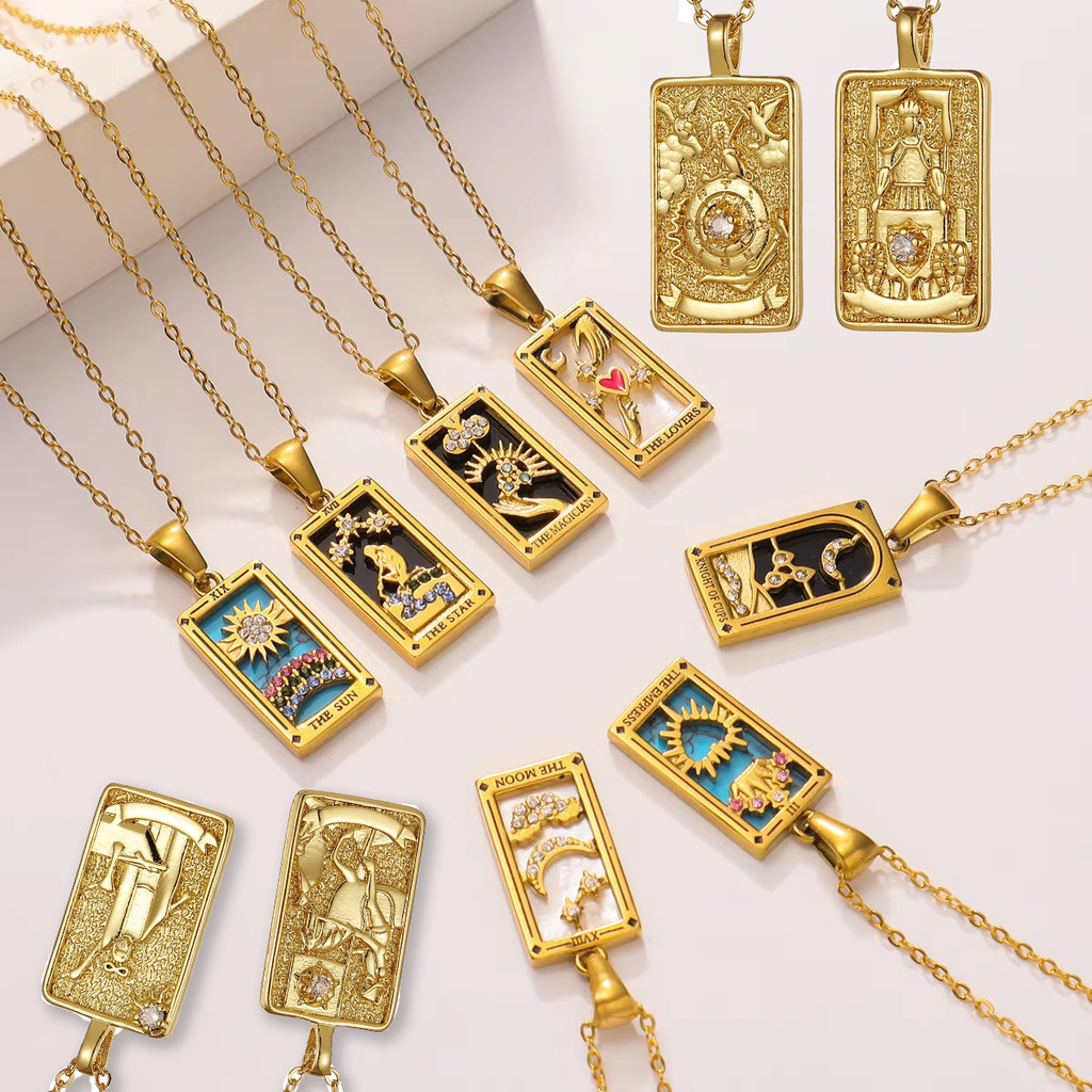 YILUOCD Original Zirconia Tarot Card Necklace Classic Tarot Queen Lover Magician Moon Wealth Amulet