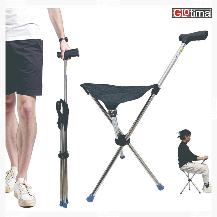 TERMURAH Glotima Tongkat Kursi Jalan Duduk Sholat Lansia Travel Lipat Foldable Portable Stick Cane