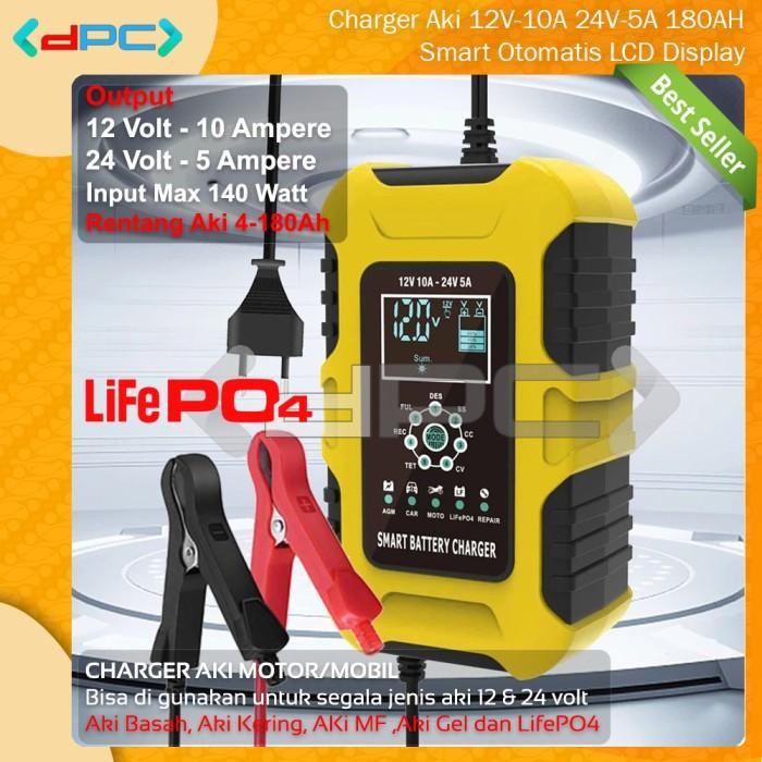 Foxsur Charger Aki 12V-10A 24V-5A 180AH Smart Auto LCD Display