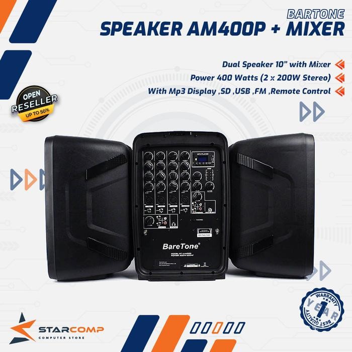 BareTone AM400P Speaker Active With Power Mixer Audio Sound System