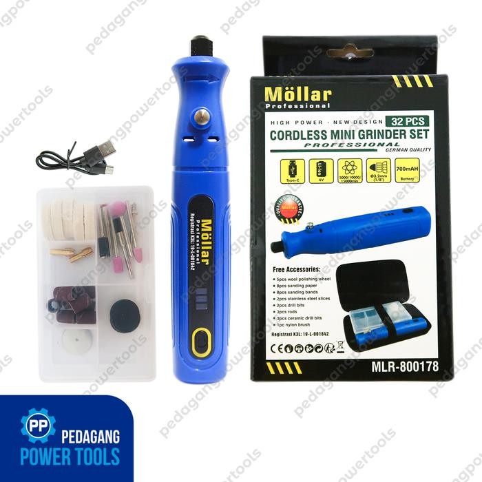 x37b- Mollar Cordless Mini Grinder Baterai 4V Set 32 Pcs Usb Charger Tuner