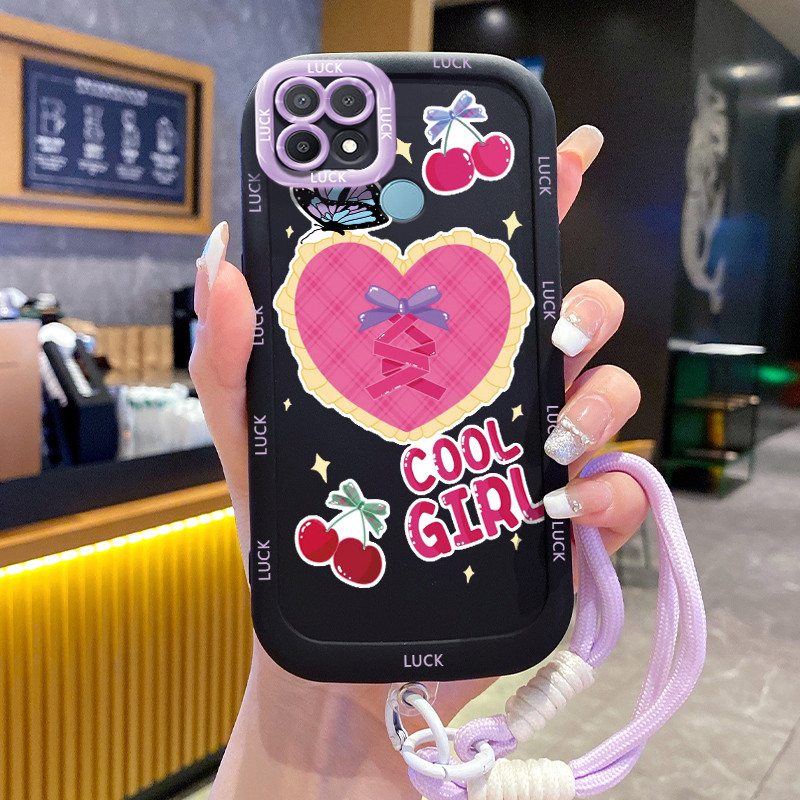 Casing Hp untuk OPPO A15 A15s A35 4G Case Pola Hati Pink Lucu Kasing ponsel silikon Kesing lanyard d