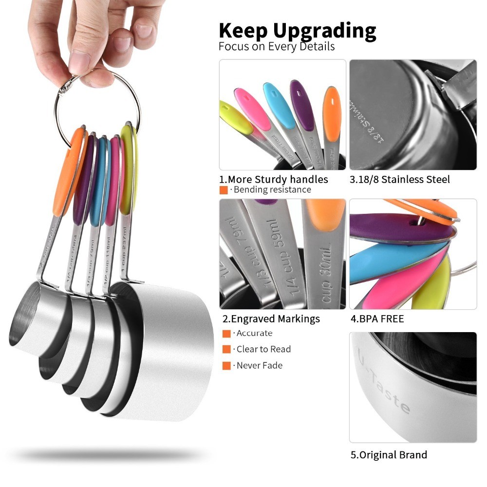 LMETJMA 10 Piece Measuring Cups and Spoons Set Stainless Steel Measuring Cup Kitchen Measuring Spoon