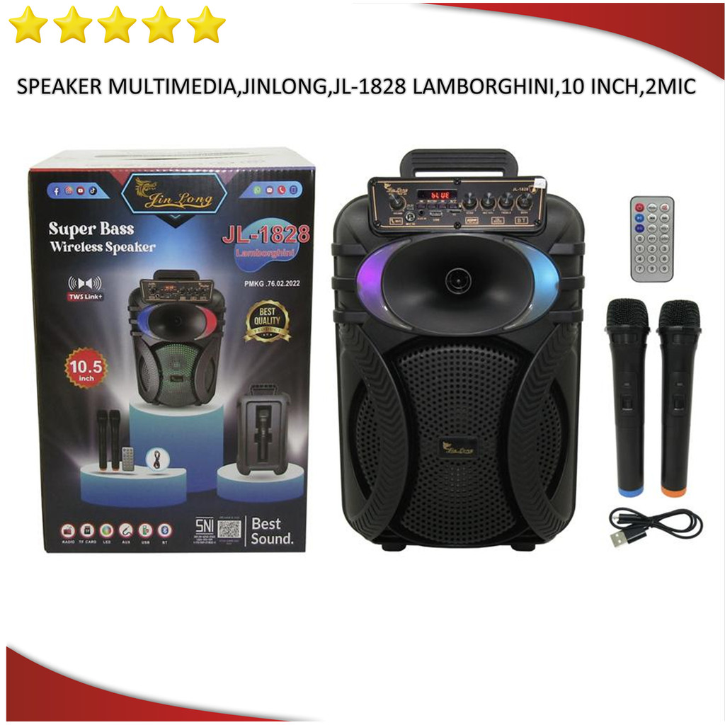 Speaker Portable Multimedia Jinlong JL-1828 Lamborghini 10 Inch 2 Mic
