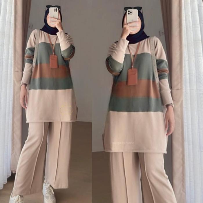 Vioni Setelan Wanita Modern Cantik Mewah Tunik Bahan Kaos Knit Hayako Premium Lengan Panjang Pola