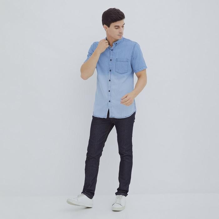 Hillboss Kemeja Jeans Lengan Pendek Pria Biru Jamie - Casual Denim Shirt Two Tone Light Blue - Ds004