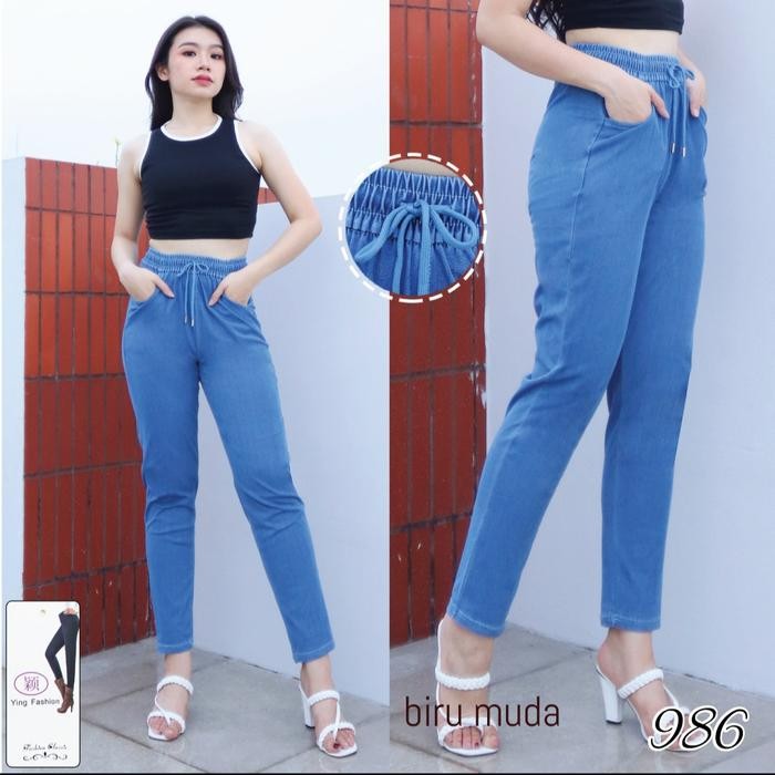 Celana Jeans Pinggang Karet Wanita Import / Celana Denim Panjang / Celana Jeans Wanita