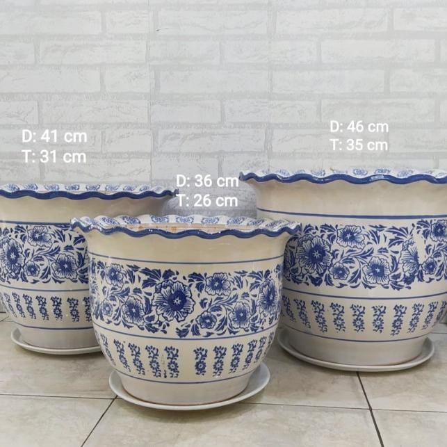 Pot tanaman keramik biru putih Besar