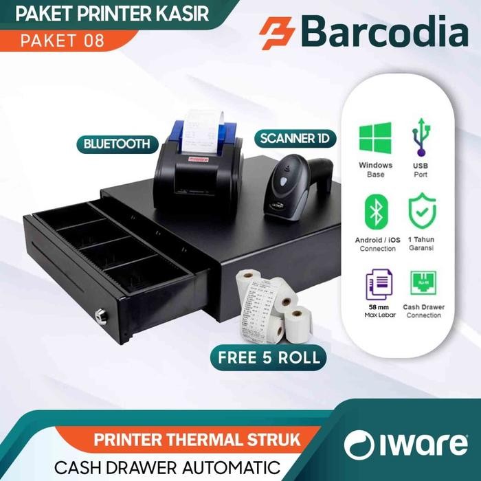 Ready Paket Printer Bluetooth Alat Kasir ( Printer+Scanner+Cash Drawer)