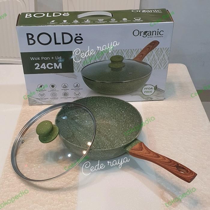 Terbaik Wok Pan Bolde Organic Green 24 Cm + Tutup Kaca 100% Ori