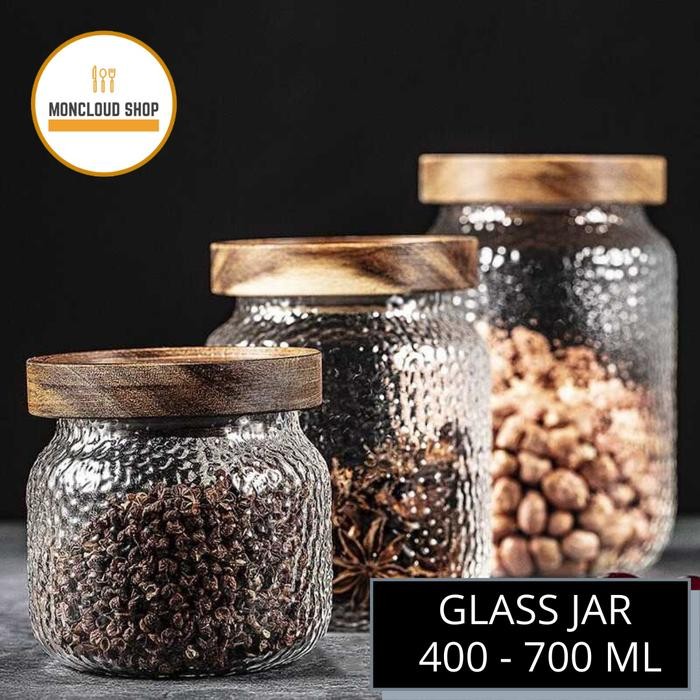 Toples Kue Kering 500gr Glass Jar Kaca Kedap Udara Tutup Kayu Bulat
