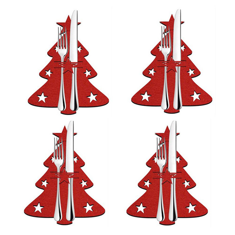 4Pcs Christmas Cutlery Holder Knife and Fork Pocket Bag Cutlery Cover Star Tree Elk New Year Christm