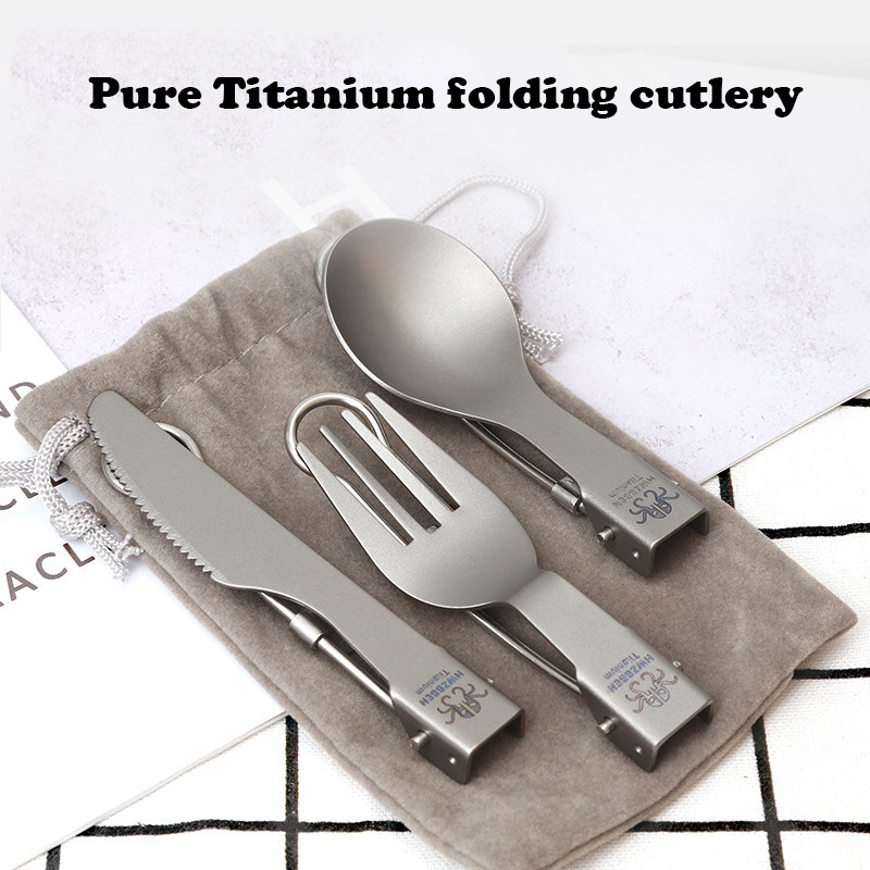Pure titanium Tableware Set Matte Foldable Knife fork spoon Ultra-light Outdoor travel camping Small