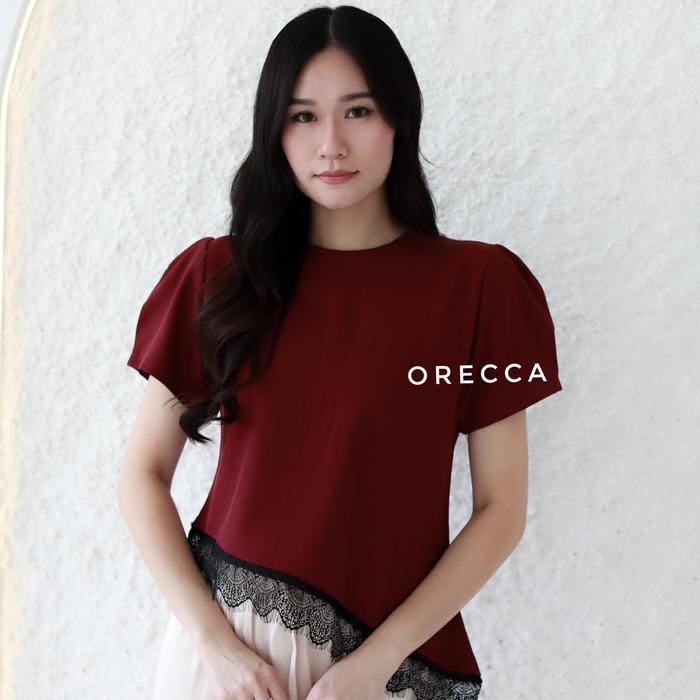 ORECCA - Ophelia Atasan Wanita Lengan Pendek Lace Renda - Maroon