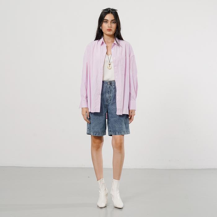 This Is April Sakuya Top Atasan Kemeja Wanita Blouse Stripe Oversize Smart Casual Pastel Vibe Timele