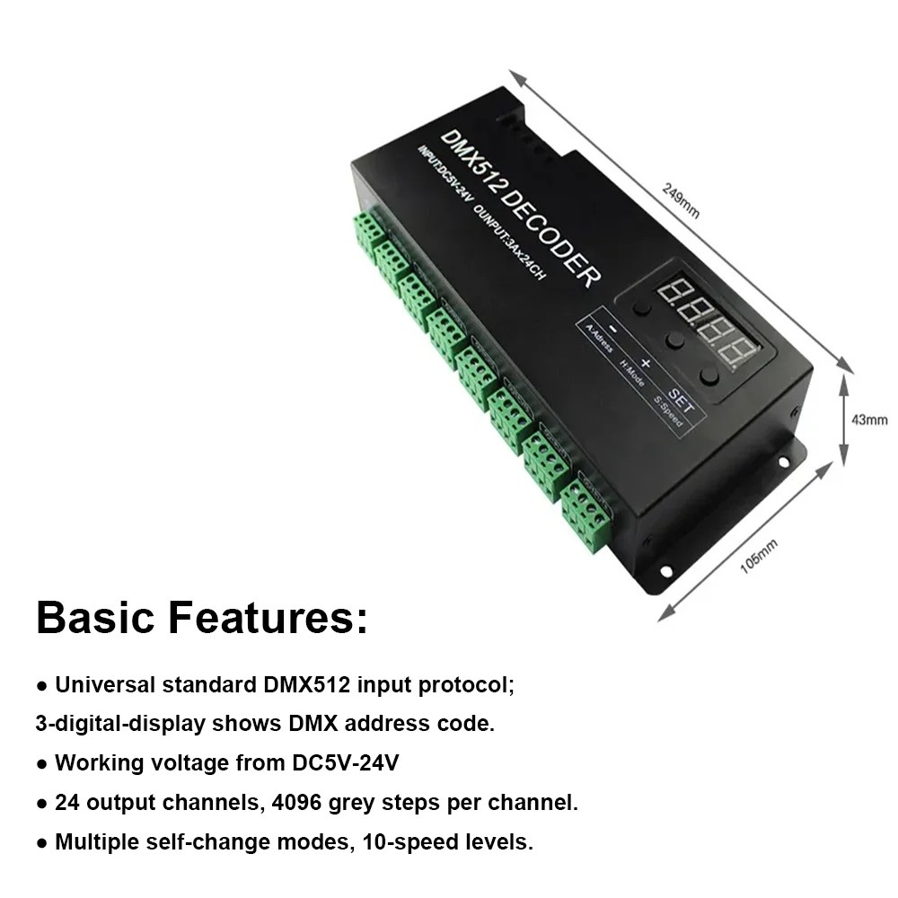 Digital 24CH RGB RGBW DMX512 Decoder, 3CH RGB 4CH RGBW 512 Decoder DMX 512 Controller For LED Strip