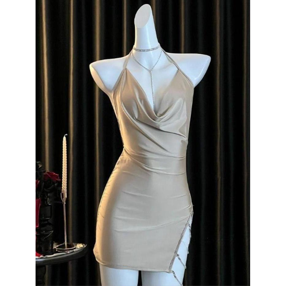 MISS LINJE Lingerie Night Dress Halter Spandek Chain Paha Samping Elegant Premium