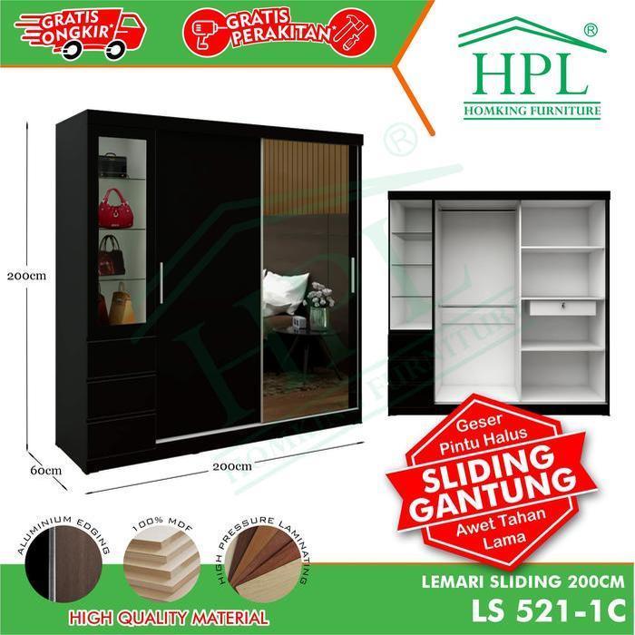 Lemari Pakaian HPL Sliding 200 Hitam Glossy - HitamGlossy1 - HitamGlossy3