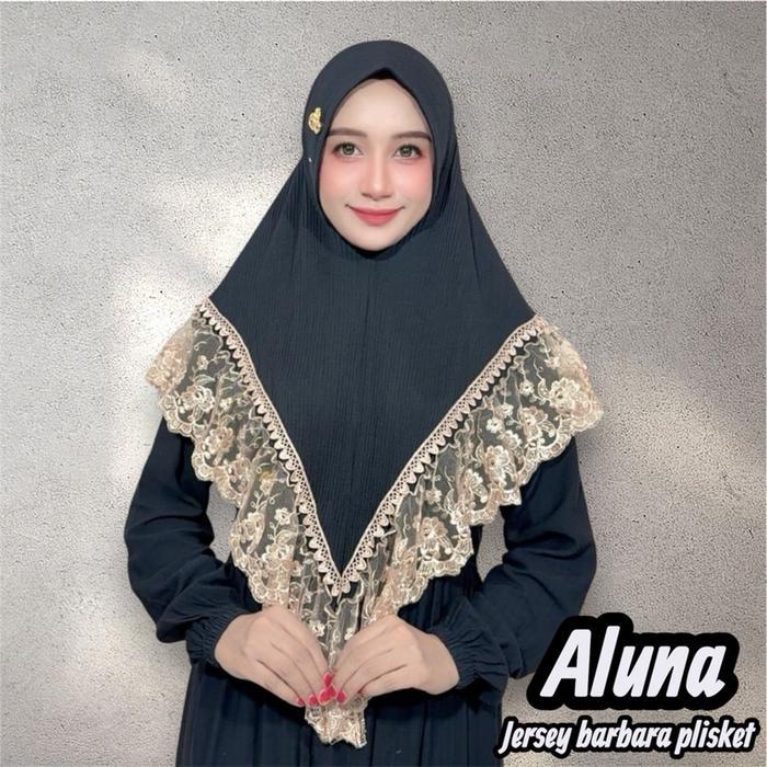 Jilbab instan Aluna soft pet sabit renda Cantik jersey barbara by Fo hijab wanita muslim - Hitam