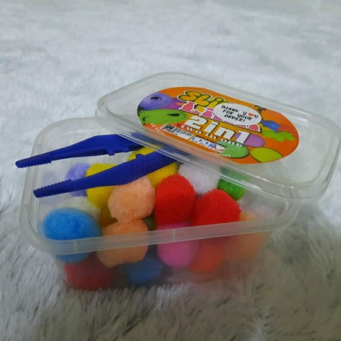 Paket pompom box tweezer pinset plastik pom pom mainan edukasi