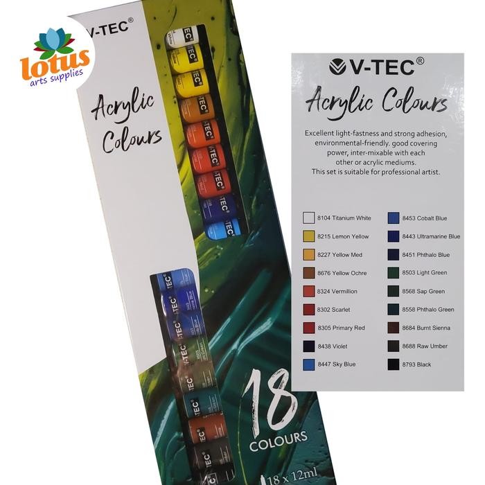 

NEW PRODUK V-TEC ACRYLIC COLOUR SET 18 WARNA X 12ML TUBE MAWAR-89
