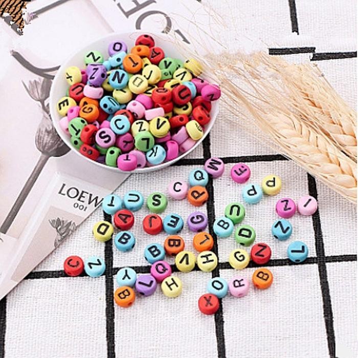 

New 100 pcs) Manik Manik Huruf Bulat Bundar Bahan Kerajinan Acsesoris Gelang Dan Kalung