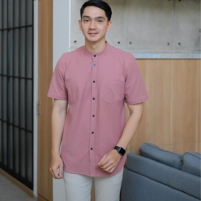 Pilihan- Baju Koko Pria Lengan Pendek,Kemko Cotton Pique Warna Dusty Pink,Biru Denim Cuci